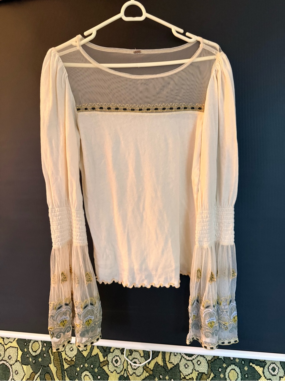 Free People Cream Boho Peasant Blouse with Embroidered Bell Sleeves